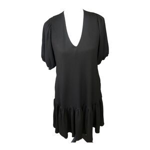 Melloday Women's Boho Black Tiered Puff Sleeve V-Neck Minimalist Mini Dress Sz S